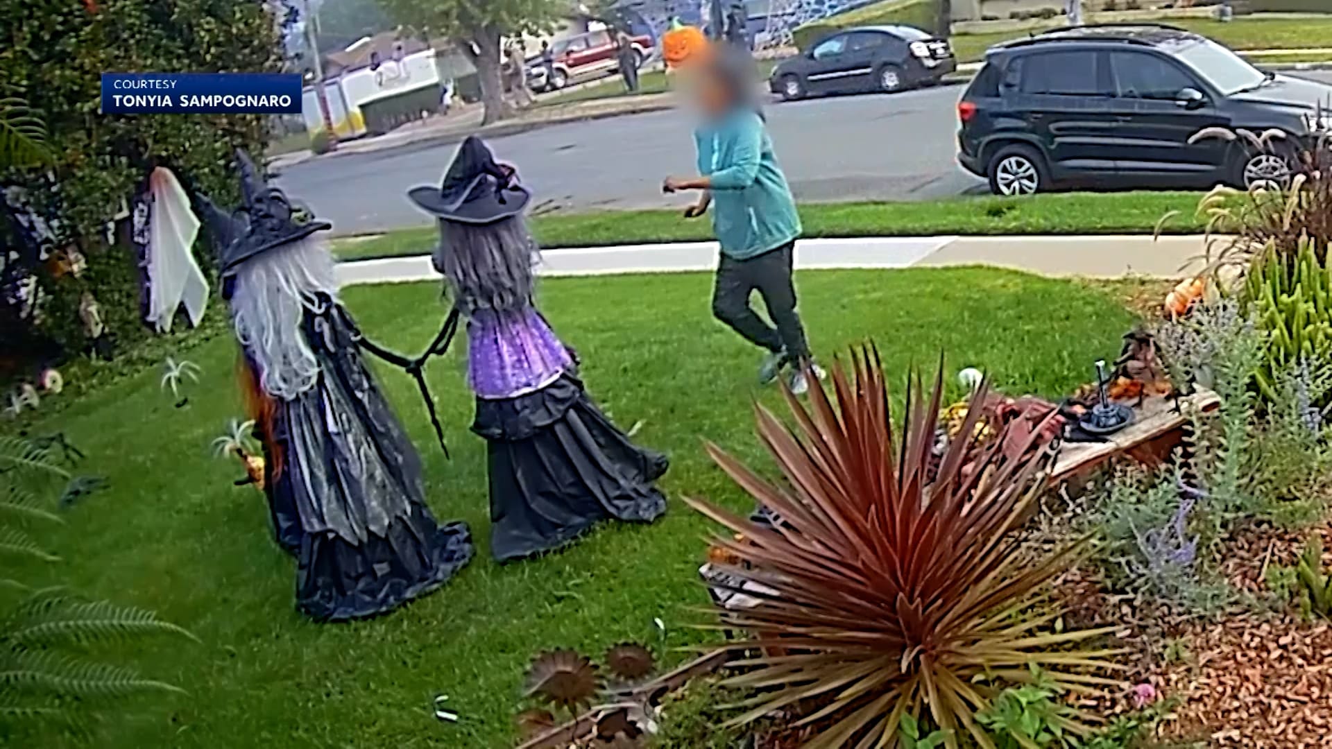 كاميرا مراقبة ترصد تصرفًا غريبًا لامرأة عندما وجدت دمى ساحرات أمام منزل