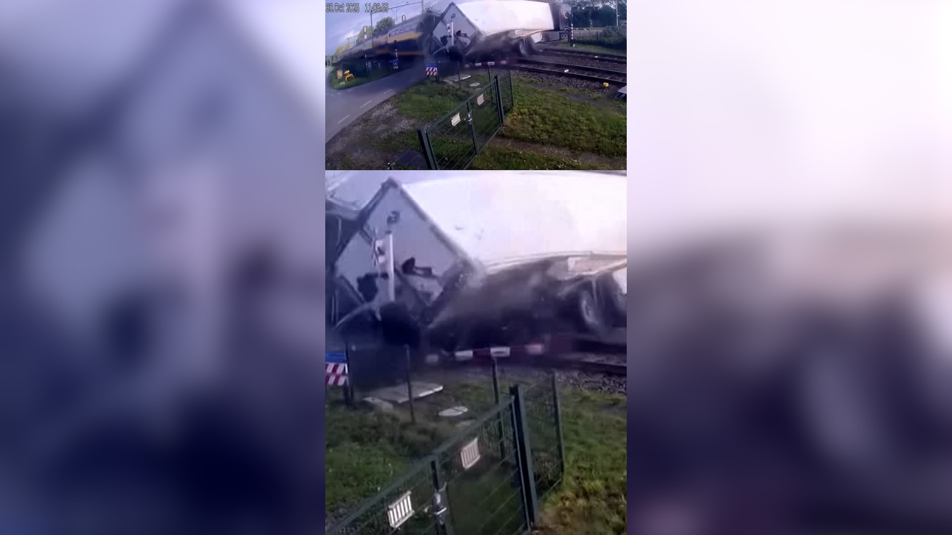 لحظة كارثية.. شاهد اصطدم قطار بشاحنة مقطورة في هولندا