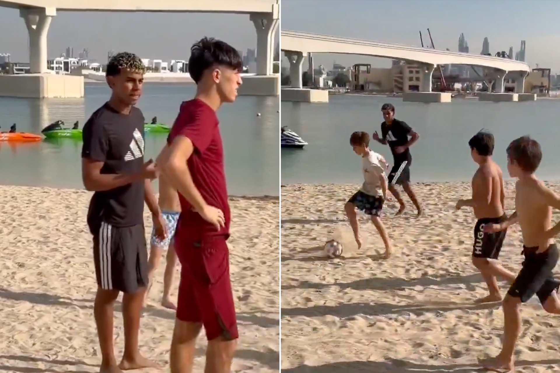 شاهد.. لامين جمال يستعرض مهاراته مع الأطفال على الشاطئ