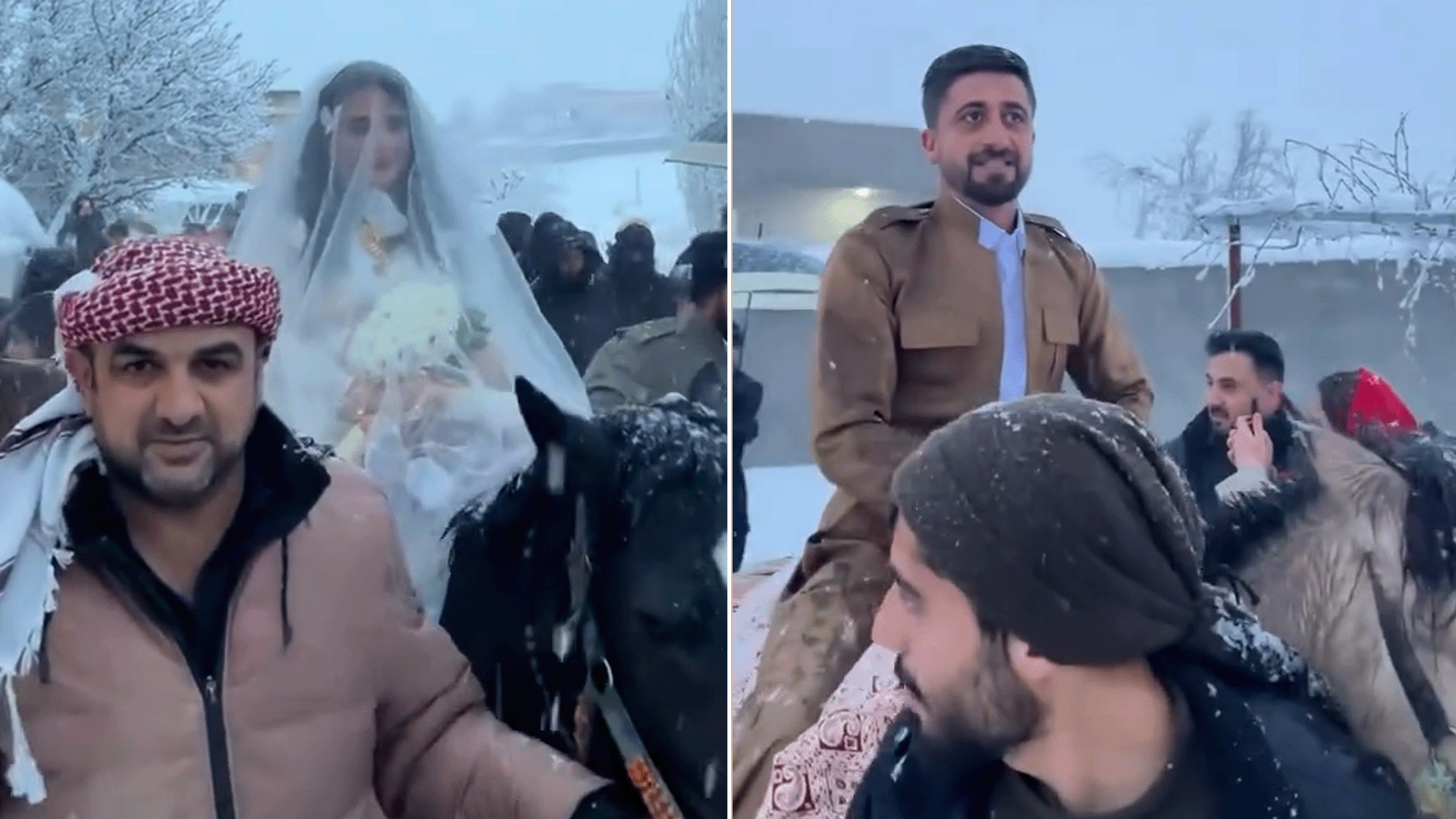 زفّة على الأحصنة وسط الثلوج.. عرس تقليدي يحيي الموروث الفلكلوري في العراق