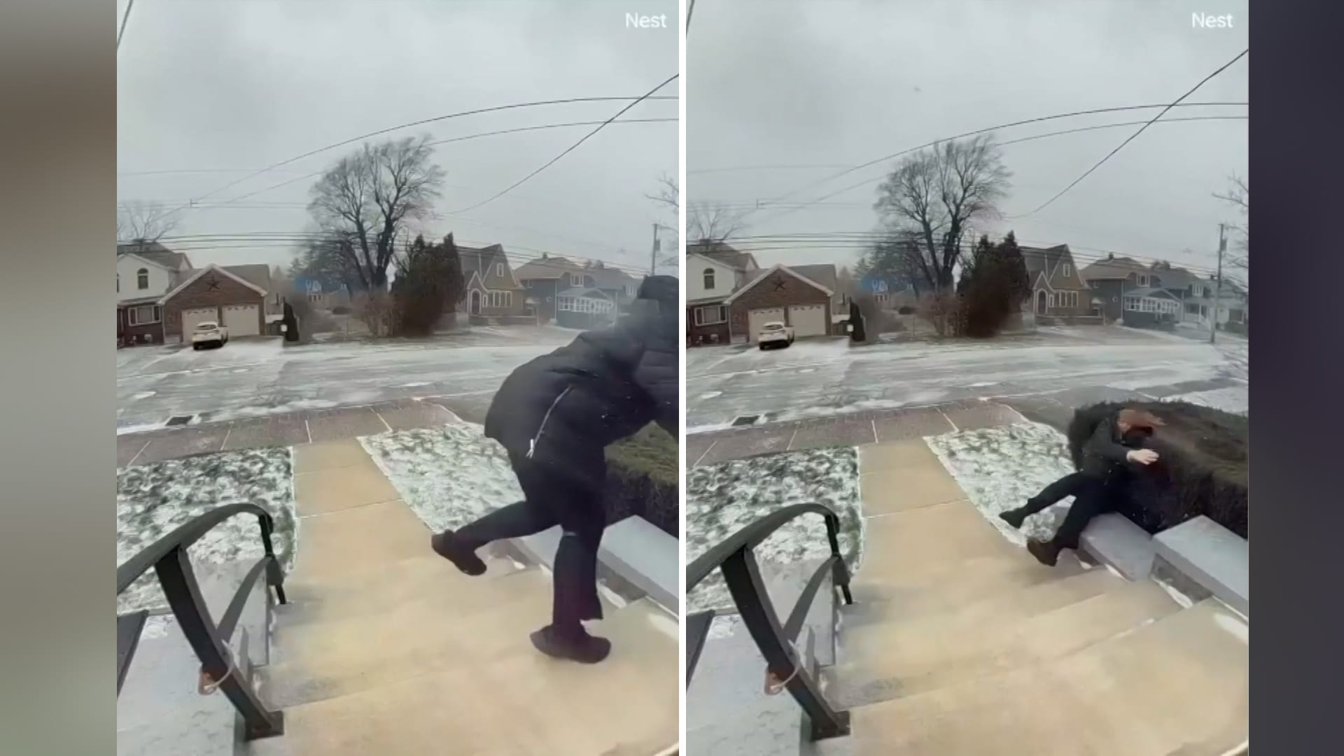 رصدتها الكاميرا.. لحظة قذف سيدة كـ"طائرة ورقية" بسبب الرياح القوية