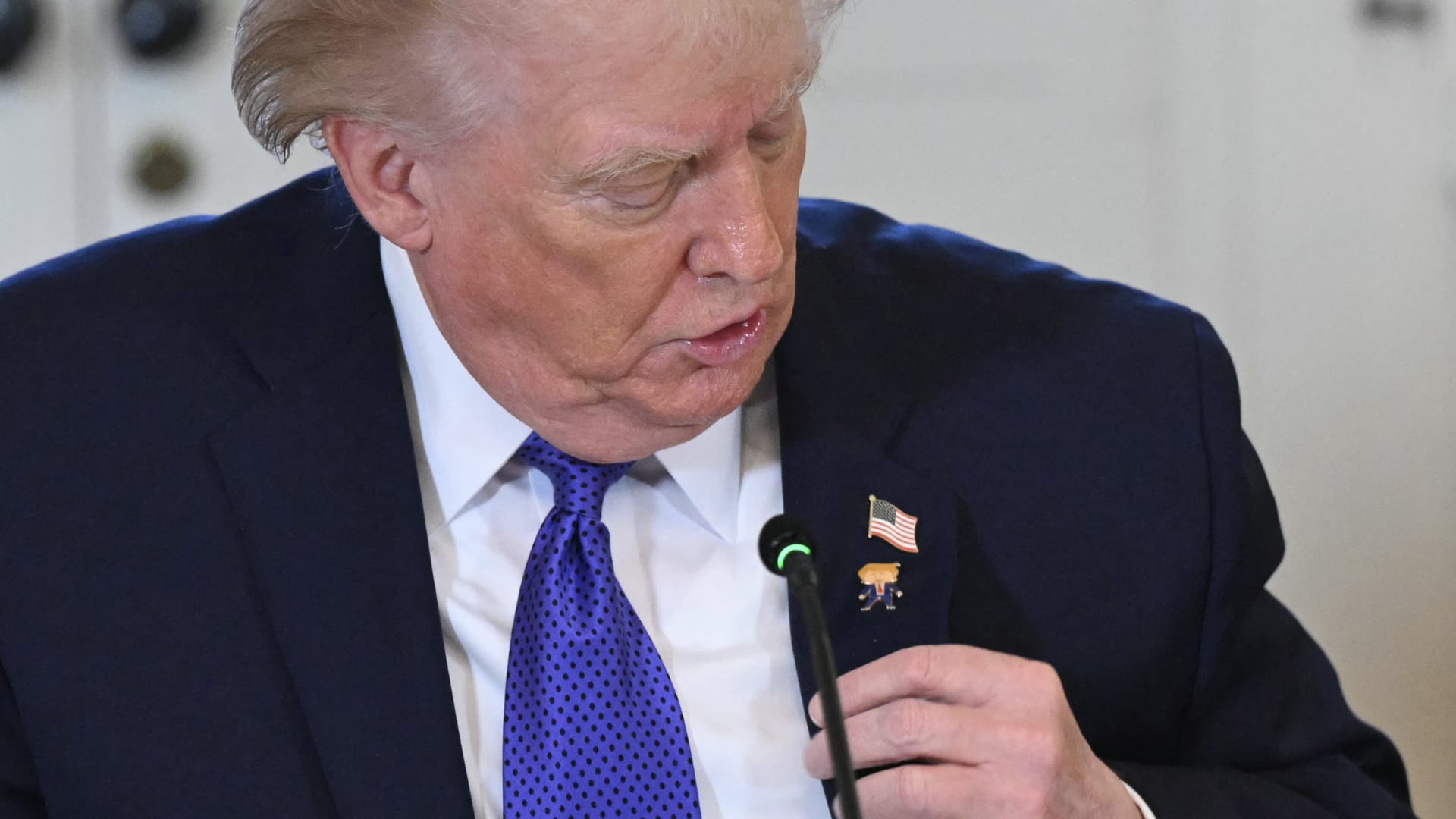 "ترامب السعيد".. رئيس أمريكا يفسر ارتداء دبوس يحمل صورته خلال لقاء مسؤولي شركات النفط (فيديو)