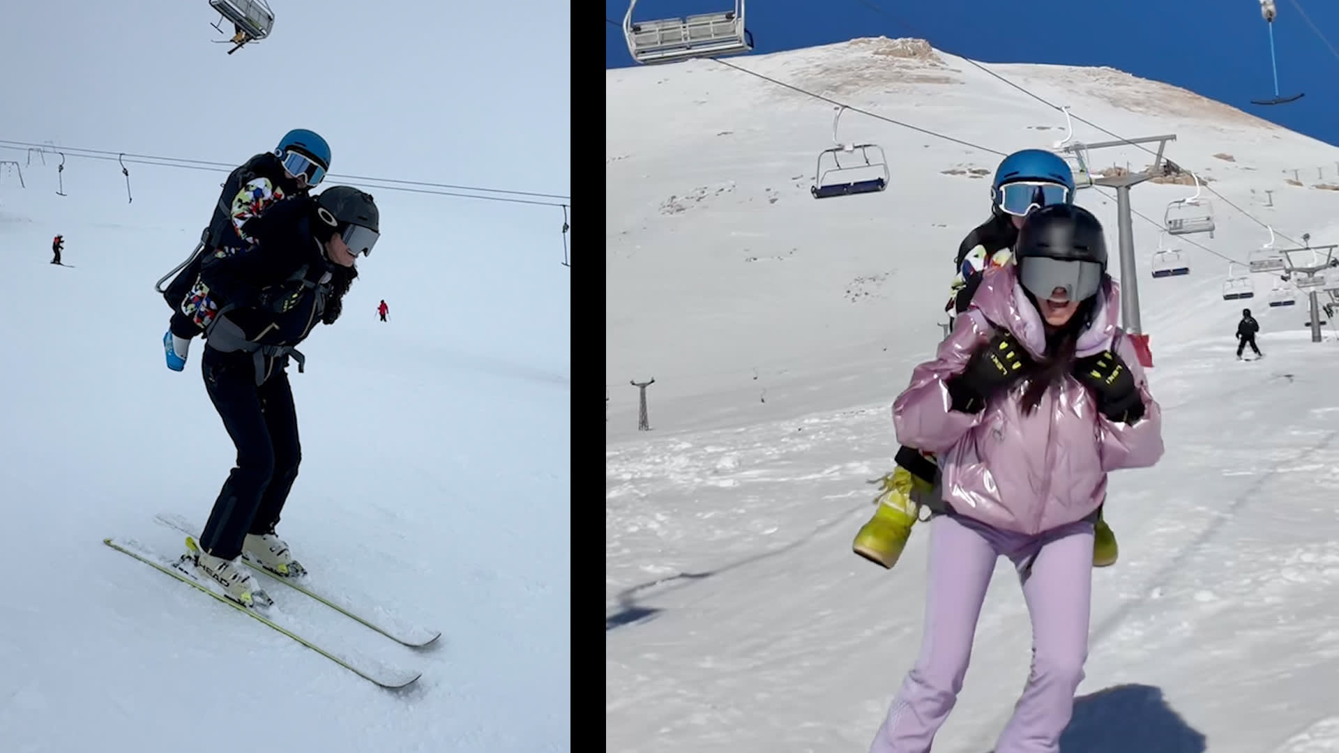 امرأة تتزلج وطفلها على ظهرها بمنطقة الأرز في لبنان..لماذا أثارت ضجة على الإنترنت؟