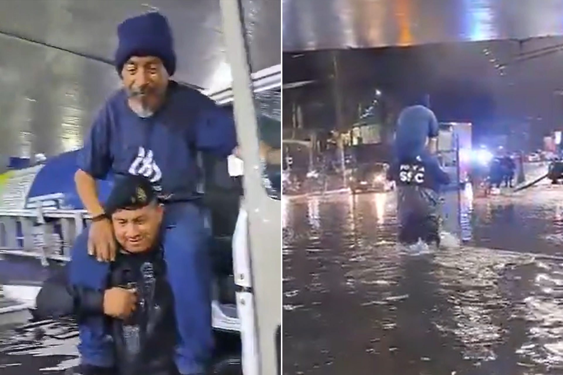 على كتفي شرطي.. نجاة سائق شاحنة مسن من فيضانات مكسيكو سيتي