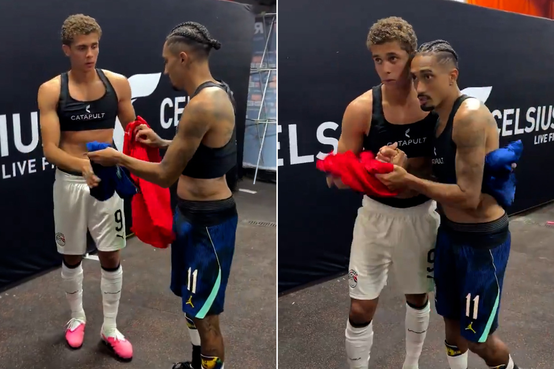 "روح برشلونة" تجمع رافينيا وحمزة عبد الكريم بعد مباراة مصر والبرازيل (فيديو)